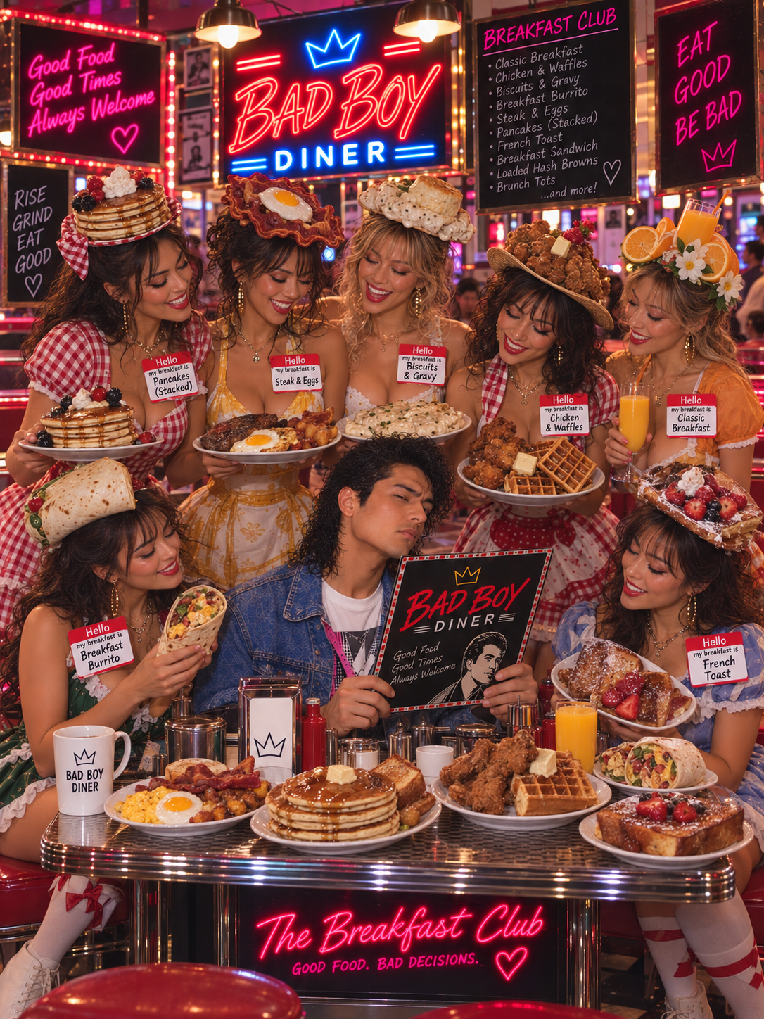 The Breakfast Club at Bad Boy Diner: Pancakes (Stacked), Steak & Eggs, Biscuits & Gravy, Chicken & Waffles, Classic Breakfast, Breakfast Burrito, French Toast