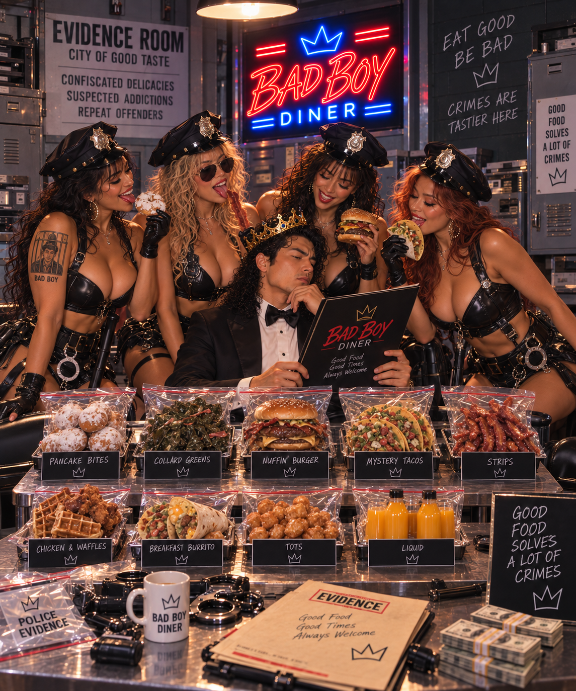 The Evidence Room at Bad Boy Diner: confiscated delicacies including Pancake Bites, Collard Greens, Nuffin Burger, Mystery Tacos, Strips, Chicken & Waffles, Breakfast Burrito, Tots