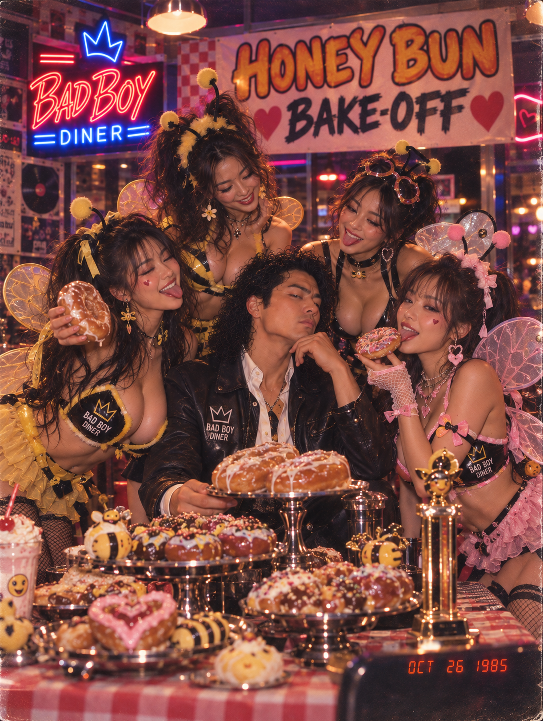 Honey Bun Bake-Off at Bad Boy Diner -- trays of glazed honey buns, a trophy, and the Bad Boy Diner crew