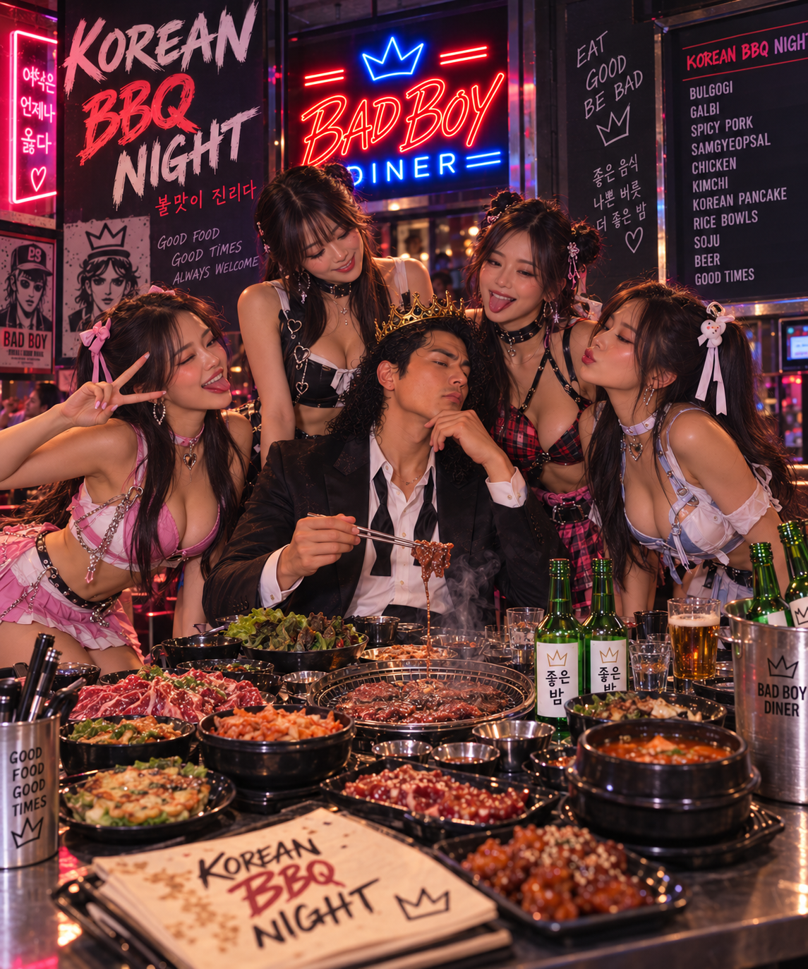 Korean BBQ Night at Bad Boy Diner: Bulgogi, Galbi, Spicy Pork, Samgyeopsal, Chicken, Kimchi, Korean Pancake, Rice Bowls, Soju, Beer