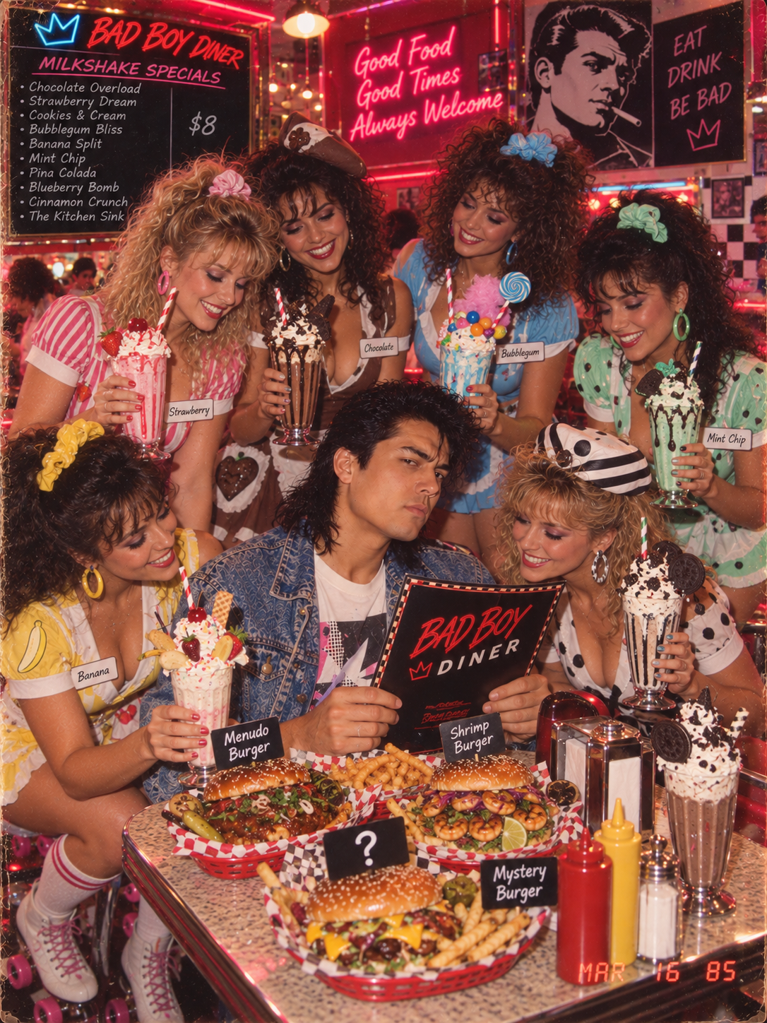Bad Boy Diner milkshake specials board: Chocolate Overload, Strawberry Dream, Cookies & Cream, Bubblegum Bliss, Banana Split, Mint Chip, Pina Colada, Blueberry Bomb, Cinnamon Crunch, The Kitchen Sink