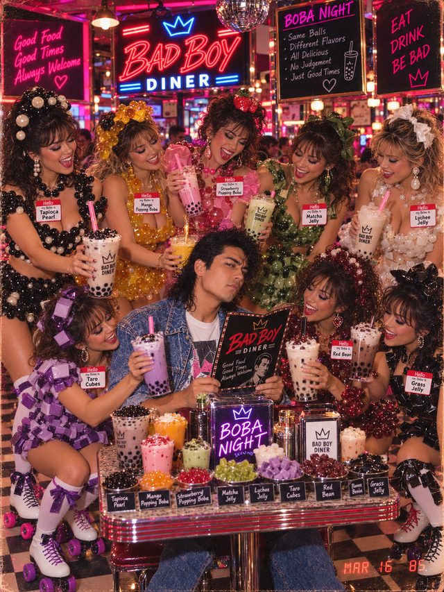 Boba Night at Bad Boy Diner: Tapioca Pearl, Mango Popping Boba, Strawberry Popping Boba, Matcha Jelly, Lychee Jelly, Taro Cubes, Red Bean, Grass Jelly