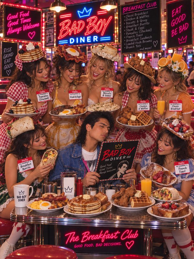 The Breakfast Club at Bad Boy Diner: Pancakes (Stacked), Steak & Eggs, Biscuits & Gravy, Chicken & Waffles, Classic Breakfast, Breakfast Burrito, French Toast