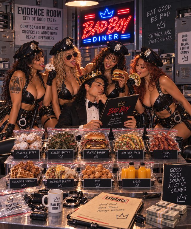 The Evidence Room at Bad Boy Diner: confiscated delicacies including Pancake Bites, Collard Greens, Nuffin Burger, Mystery Tacos, Strips, Chicken & Waffles, Breakfast Burrito, Tots