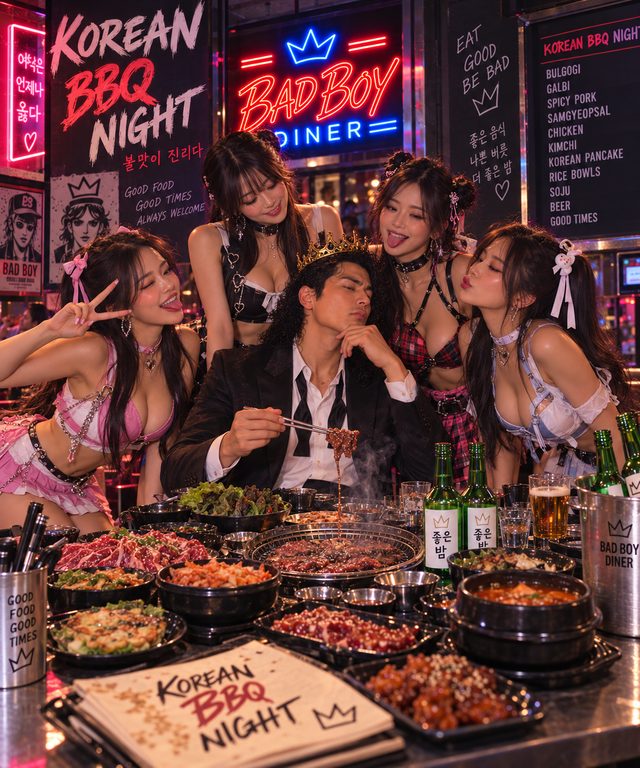 Korean BBQ Night at Bad Boy Diner: Bulgogi, Galbi, Spicy Pork, Samgyeopsal, Chicken, Kimchi, Korean Pancake, Rice Bowls, Soju, Beer