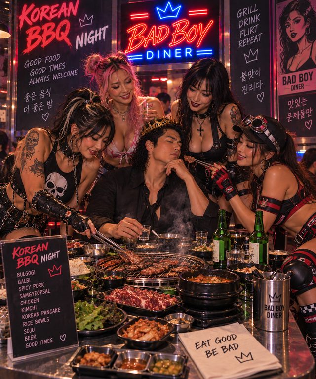 Korean BBQ Night at Bad Boy Diner: Bulgogi, Galbi, Spicy Pork, Samgyeopsal, Chicken, Kimchi, Korean Pancake, Rice Bowls, Soju, Beer