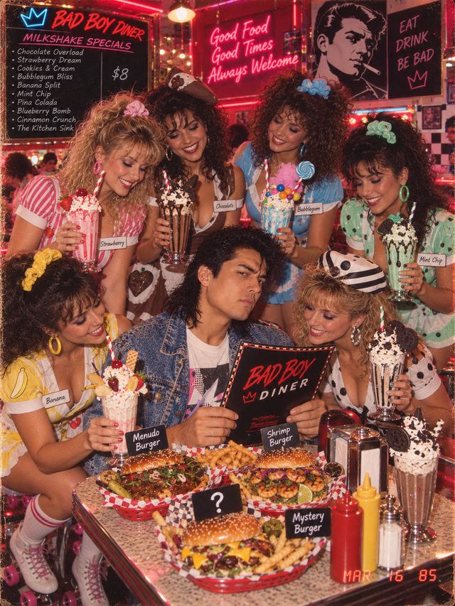 Bad Boy Diner milkshake specials board: Chocolate Overload, Strawberry Dream, Cookies & Cream, Bubblegum Bliss, Banana Split, Mint Chip, Pina Colada, Blueberry Bomb, Cinnamon Crunch, The Kitchen Sink