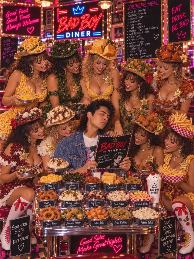Comfort Sides&trade; at Bad Boy Diner: Mac & Cheese, Collard Greens, Candied Yams, Cornbread, Fried Okra, Hush Puppies, Mashed Potatoes & Gravy, Red Beans & Rice, Cole Slaw, French Fries, Onion Rings, Jalapeno Poppers, Tater Tots, Fried Pickles, Potato Salad
