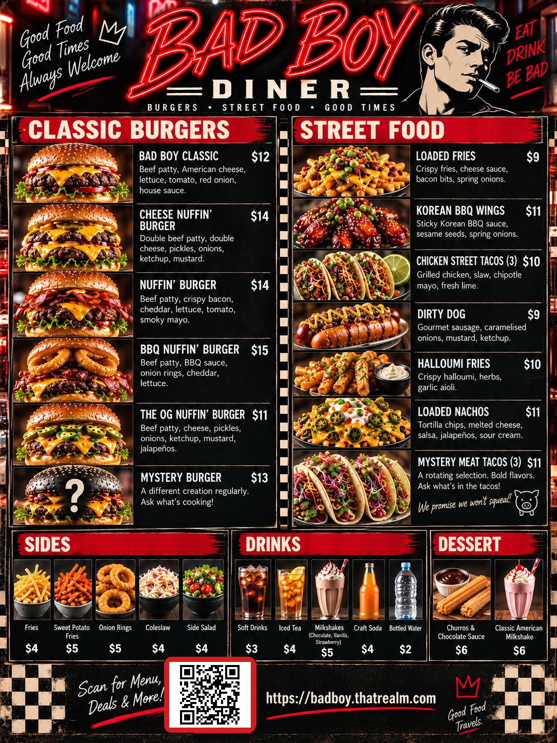 Bad Boy Diner menu: Classic Burgers, Street Food, Sides, Drinks, and Dessert sections with prices