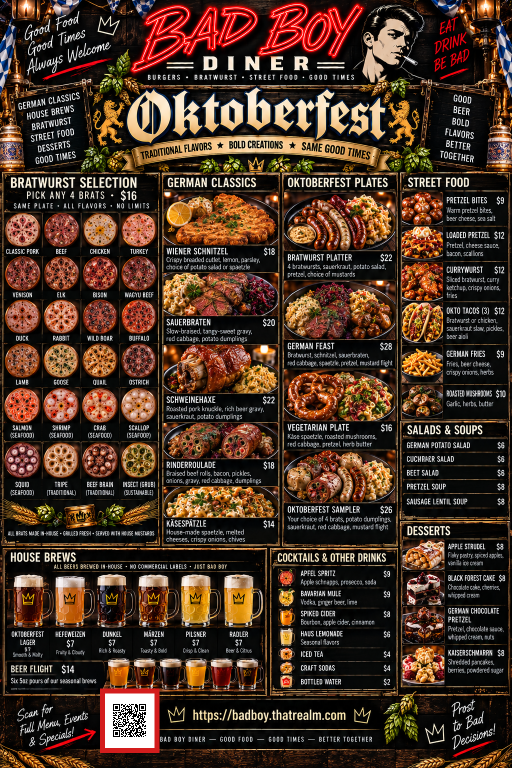 Bad Boy Diner Oktoberfest menu: Bratwurst Selection (pick any 4), German Classics including Wiener Schnitzel, Sauerbraten, Schweinehaxe, Rinderroulade, Kasespatzle, Oktoberfest Plates, Street Food, Salads and Soups, Desserts, House Brews, and Cocktails