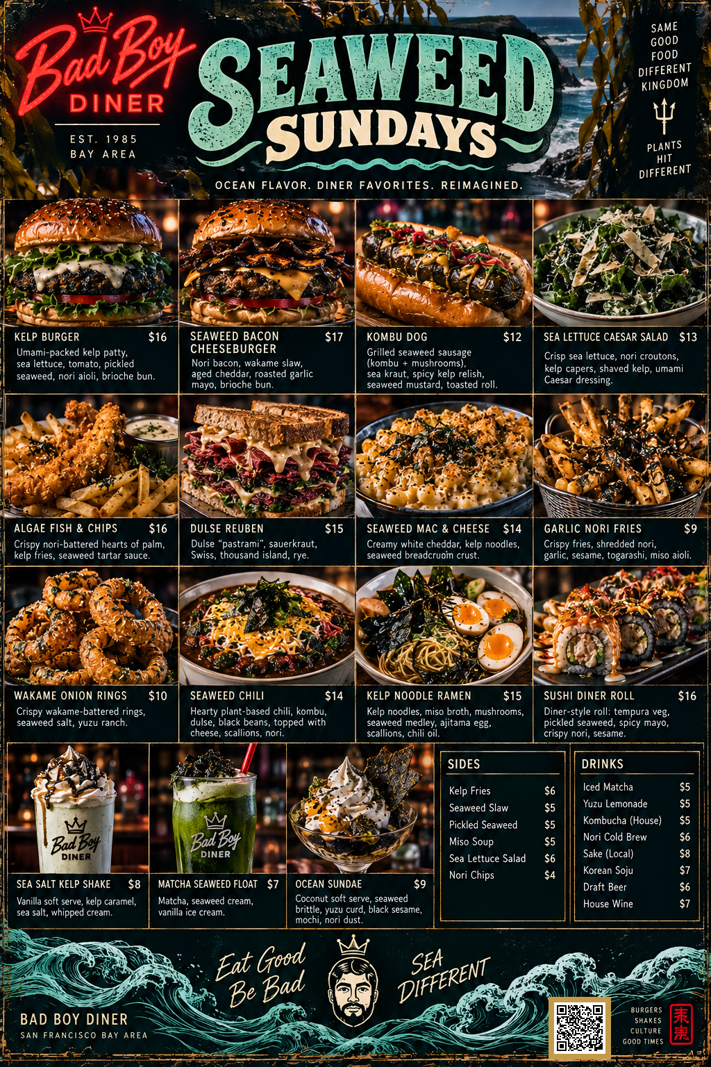 Bad Boy Diner Seaweed Sundays -- Ocean Flavor. Diner Favorites. Reimagined.: Kelp Burger $16, Seaweed Bacon Cheeseburger $17, Kombu Dog $12, Sea Lettuce Caesar Salad $13, Algae Fish & Chips $16, Dulse Reuben $15, Seaweed Mac & Cheese $14, Garlic Nori Fries $9, Wakame Onion Rings $10, Seaweed Chili $14, Kelp Noodle Ramen $15, Sushi Diner Roll $16. Sides: Kelp Fries $6, Seaweed Slaw $5, Pickled Seaweed $5, Miso Soup $5, Sea Lettuce Salad $6, Nori Chips $4. Drinks: Iced Matcha $5, Yuzu Lemonade $5, Kombucha (House) $5, Nori Cold Brew $6, Sake (Local) $8, Korean Soju $7, Draft Beer $6, House Wine $7. Desserts: Sea Salt Kelp Shake $8, Matcha Seaweed Float $7, Ocean Sundae $9.